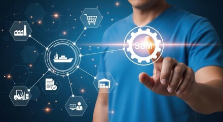 Man interacts with digital supply chain management network optimizing logistics, industry, and commerce