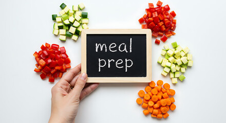 Organized meal prepping with fresh vegetables and chalkboard, healthy eating habits starts now