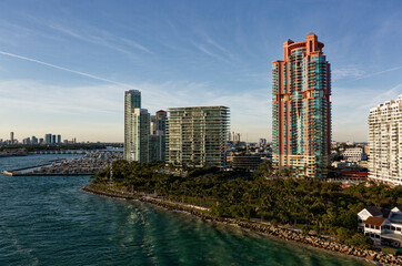 Aerial view of residential waterfront skyscrapers and marina in South Beach, Miami, Florida, USA