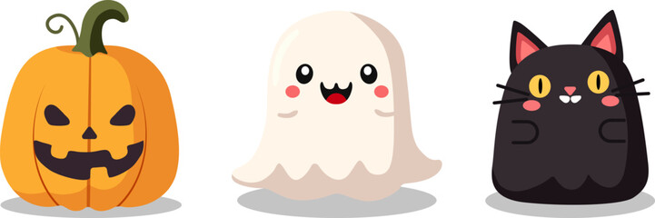 Set of 3 cute halloween squishmallows isolated on white background. Soft funny toy pumpkin, ghost and black, flat cartoon style illustrations