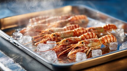 Closeup scampi on ice cubes in a metal tray with steam adding a fresh touch