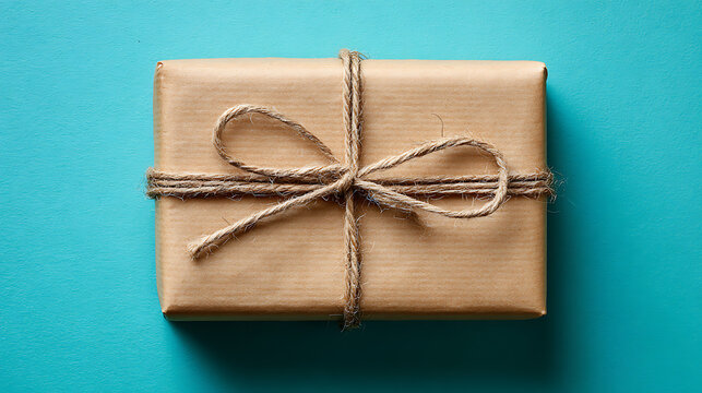 Brown paper wrapped gift tied with jute twine on a teal background present package