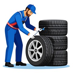 Fototapeta premium Mechanic checking tire pressure