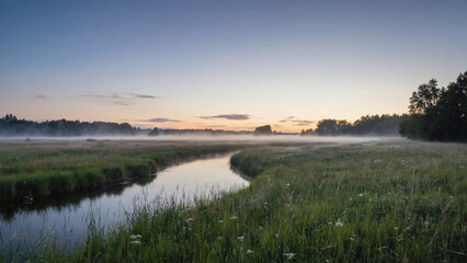 Calm river weaving through misty meadow at sunrise, peach and lilac color tones