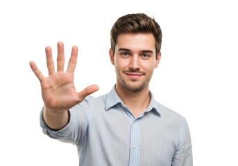 Fototapeta premium Man holding up five fingers isolated on transparent background