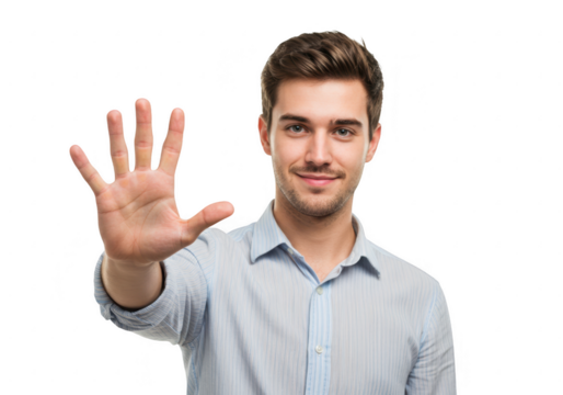 Man holding up five fingers isolated on transparent background