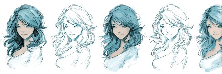 Layered Hair Tutorial Sketches Showcasing Different Styles and Techniques on a Clean Blue-White Background