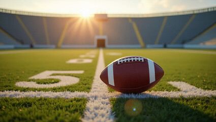 Professional American Football field with official ball highlighted at center, realistic turf and crisp yard lines — ideal for sports designs, broadcasts, or promotional material.
