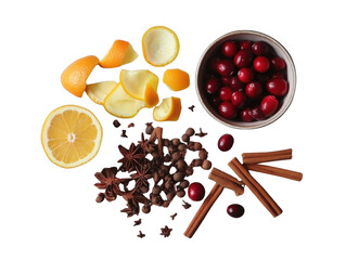 Flat lay of a festive kitchen prep scene with spices, cranberries, citrus peels, and cinnamon sticks on white background