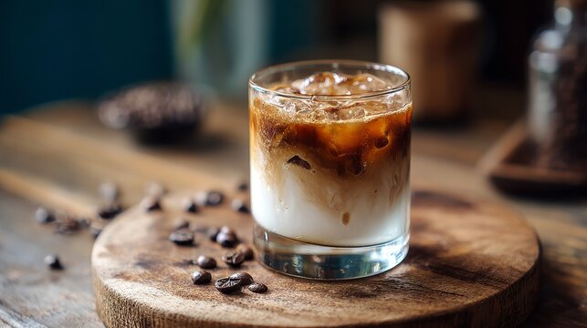 Iced coffee in a glass sits on a wooden coaster surrounded by scattered beans with more coffee elements blurred in the background - Powered by Adobe
