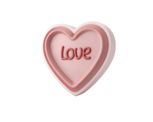 Pink heart shaped candy with the word love on it, isolated on transparent background