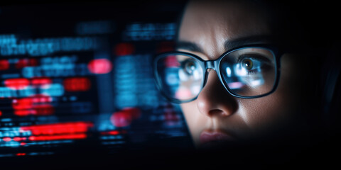 Close-up of female cybersecurity analyst wearing glasses with code reflection on screen. Focused expression and digital interface background for technology and data protection concepts
