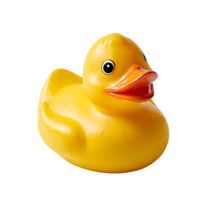 A classic yellow rubber duck toy with orange beak and black eyes isolated on transparent background