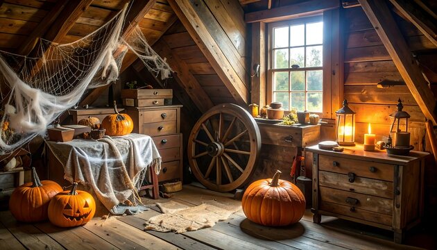 Spooky Attic Halloween Scene with Pumpkins, Cobwebs, and Rustic Wooden Decor - Powered by Adobe