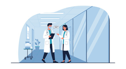 Obraz premium Two Healthcare Professionals Discussing Medical Information in Hospital Corridor