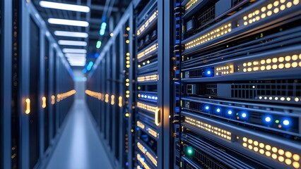 Modern data center corridor with rows of illuminated servers, glowing cables, and high-tech equipment in blue ambient light. Futuristic, secure, and advanced digital infrastructure.