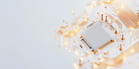 Futuristic microchip with glowing gold circuits on white background. Quantum computing and technology supremacy concept with copy space