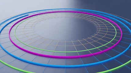 Circular Rings and Grid Illustration with Smooth Surface and Vibrant Colors Create a Futuristic Artistic Presentation