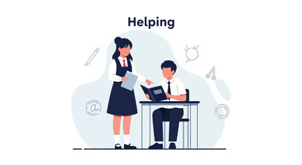 Student Assisting Colleague With Schoolwork In A Classroom Setting Illustration