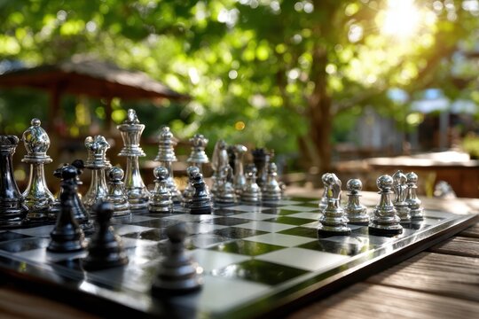 Chess game in a sunny outdoor garden with blurred background on a wooden table