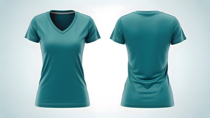 Teal v neck t shirt front and back view isolated on white background