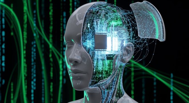 A futuristic representation of a humanoid robot's head, showcasing a digital interface with glowing data streams and binary code in a dark background. - Powered by Adobe