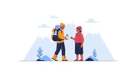 Fototapeta premium Hiker Exchanges Supplies With A Local In The Mountainous Landscape