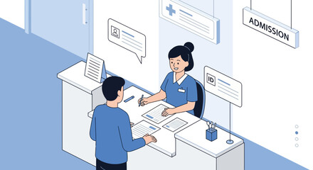 Hospital Admission Isometric Scene Depicting Nurse and Patient Registration Process