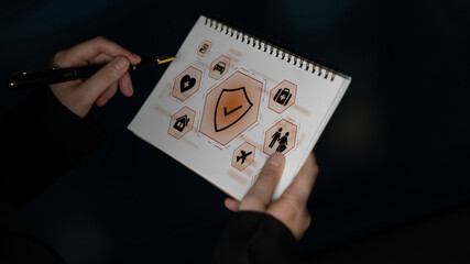 Security and insurance concept showing protection coverage for health, travel, home, car, life, and...