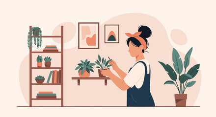 Vector illustration of a woman taking care of her indoor plants in a cozy living room setting