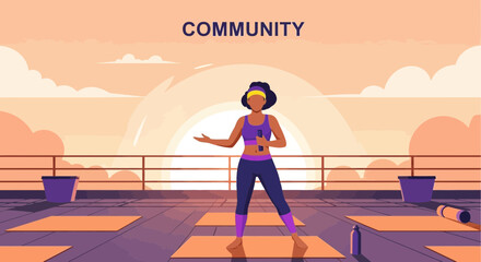 Sunrise Yoga Session With An Instructor Promoting Wellness And Community Spirit
