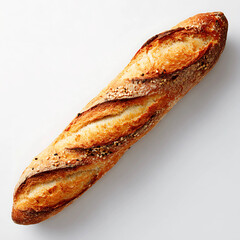 A golden brown baguette with sesame seeds isolated on white background
