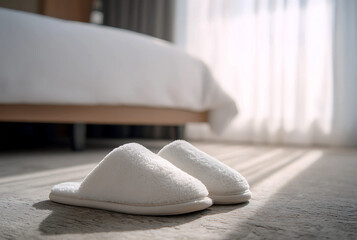 A pair of fluffy white slippers sit on the floor in a hotel room