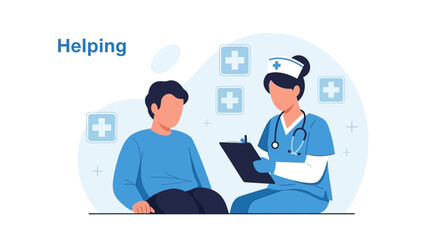 Illustration depicting a nurse helping a patient with healthcare assistance and medical support