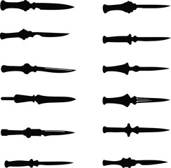 Vector Illustration and Silhouette Set of Ancient and Primitive Weapons. Various Daggers, Knives, and Spears Isolated on a White Background for History and Design.