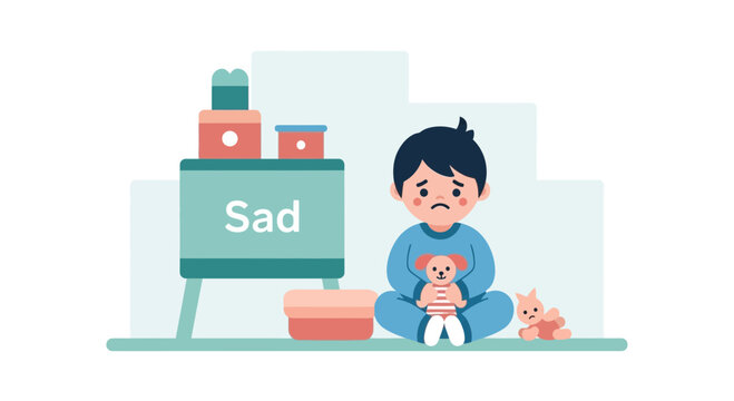 Illustration depicting a sad child with toys and the word sad on the easel expressing sadness and loneliness