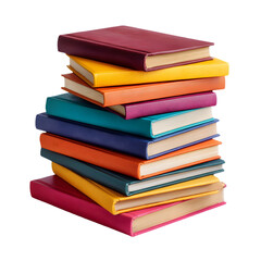 A tall stack of colorful hardcover books with different colored spines isolated on transparent background