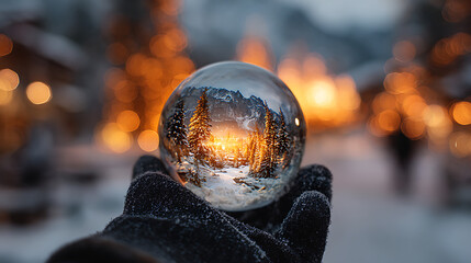 Crystal ball reflecting winter forest landscape with golden sunset and bokeh lights image