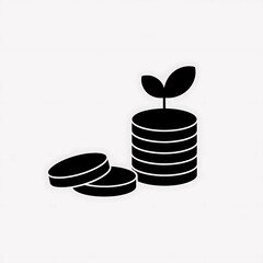 Black silhouette of plant growing from stacked coins on white background money growth