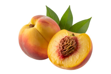 Vibrant Peaches with Leafy Accents on a Clean White Backdrop Showcase Freshness.