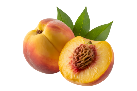 Vibrant Peaches with Leafy Accents on a Clean White Backdrop Showcase Freshness.