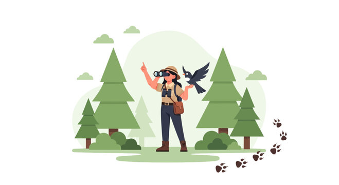 Illustration of a birdwatcher in a forest with binoculars and a bird on hand - Powered by Adobe