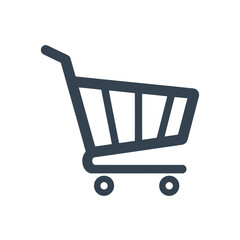 Vector icon of simple dark blue icon of a shopping cart or trolley, representing commerce and retail, isolated on a white background