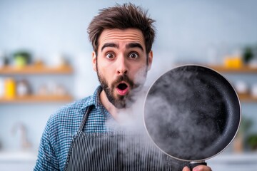 Bearded man holding a smoking frying pan with a surprised facial expression in a kitchen.
