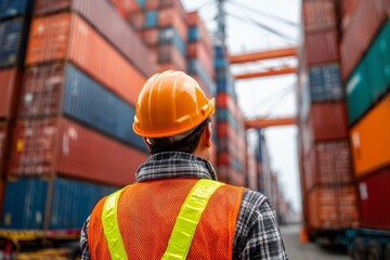 Worker wearing a hard hat and safety vest standing in front of cargo containers at a shipping yard.