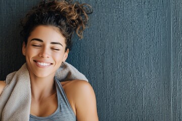 Happy young woman smiling with eyes closed while resting on a yoga mat with a towel around her neck.