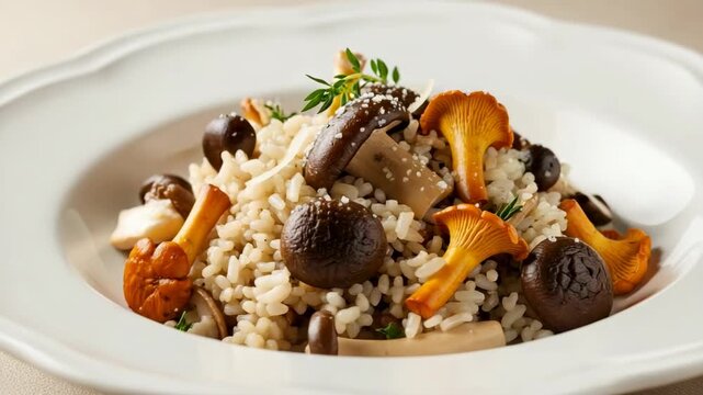 Mushroom risotto with chanterelles and shiitake mushrooms in a white plate. Delicious Italian cuisine, gourmet food with fresh herbs.