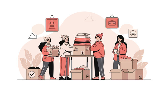 Team Organizing Donations Clothing Winter Drive Charity Distribution Assistance