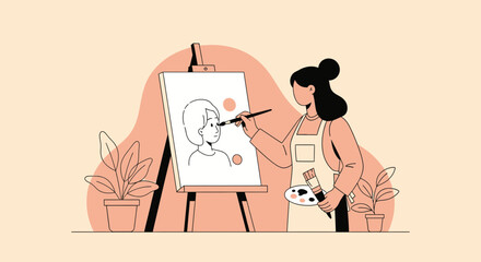 Woman Artist Painting Portrait on Canvas in Studio With Plants Decoration