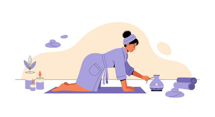 Woman At Home Lighting Aroma Diffuser With Candles For Relaxing Spa Day